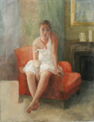 Ophélie au fauteuil rouge. Huile sur toile de Dominique Trémois Chazot.